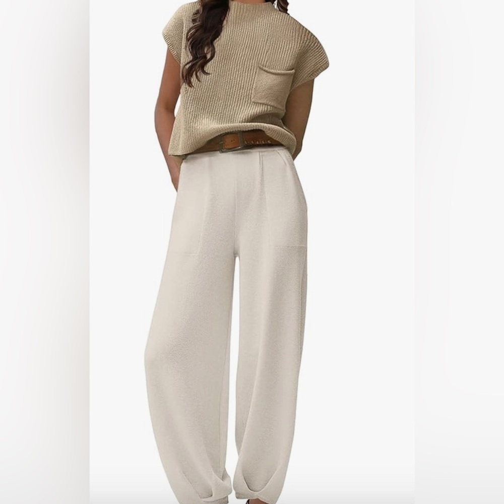 2 piece knit set. Camel colored knit top. Cream knit pants.